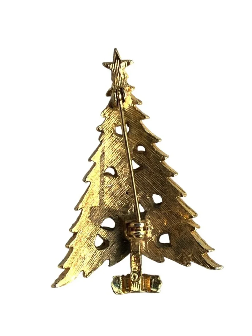 Gold Tone Christmas Tree Pin Brooch Multicolor Rhinestones Star Accent Signed